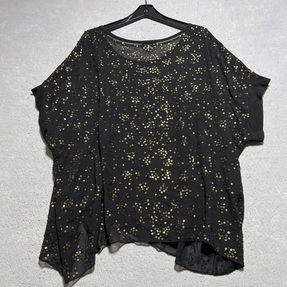 Eileen Fisher Top Women’s 2XL 100% Silk Black Sheer Sequined Kimono Pullover